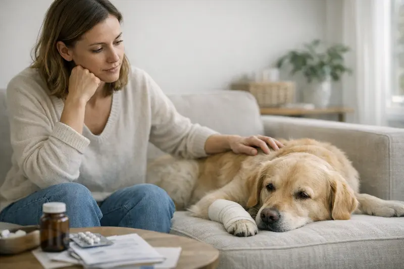 Ein Hund beim Tierarzt, der auf einer Untersuchungstisch sitzt, während seine Besitzerin besorgt zusieht.