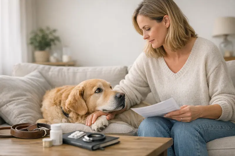 Hundehalter prüft die Versicherungsbedingungen für seinen Hund auf einem Laptop.