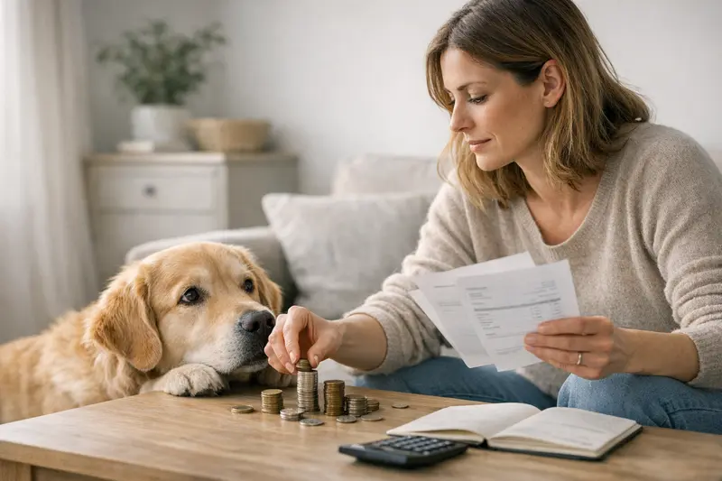 Selbstbeteiligung bei der Hundeversicherung Hund beim Tierarzt mit einer Rechnung zur Versicherungsselbstbeteiligung