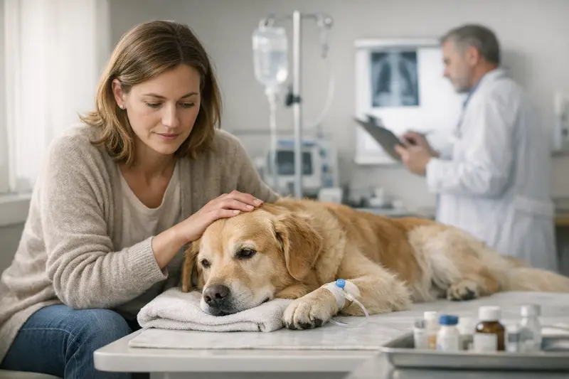 Häufige Tierarztkosten bei Hundeversicherungen Tierarzt untersucht einen Hund, um häufig unterschätzte Tierarztkosten zu ermitteln.