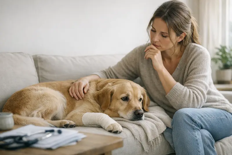 Wartezeiten und Vorerkrankungen bei Hundeversicherungen Hundebesitzer überprüft die Versicherungsbedingungen für seinen Hund mit Blick auf Vorerkrankungen.