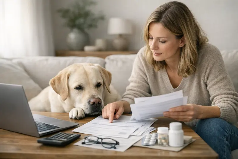 Hundehalter vergleicht Tarife für eine Tierkrankenversicherung, um die besten Leistungen zu finden.