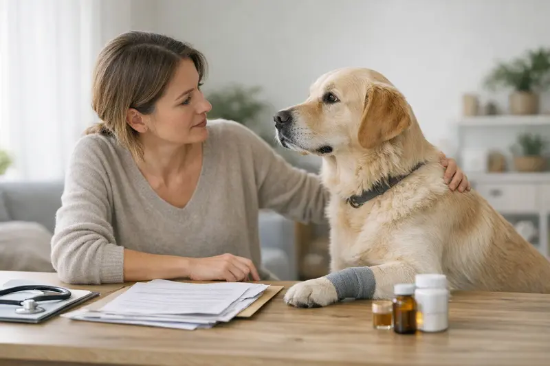 Ein Hund mit seinem Halter beim Tierarzt, der über die wichtige Tarifvergleichsentscheidungen diskutiert.
