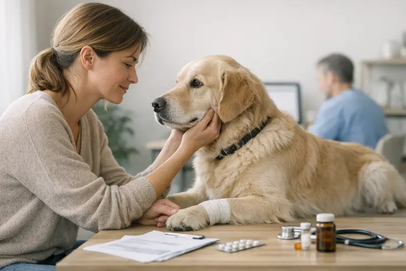 Fotografie eines glücklichen und gesunden Hundes beim Tierarzt, die die Wichtigkeit von Versicherungen verdeutlicht.