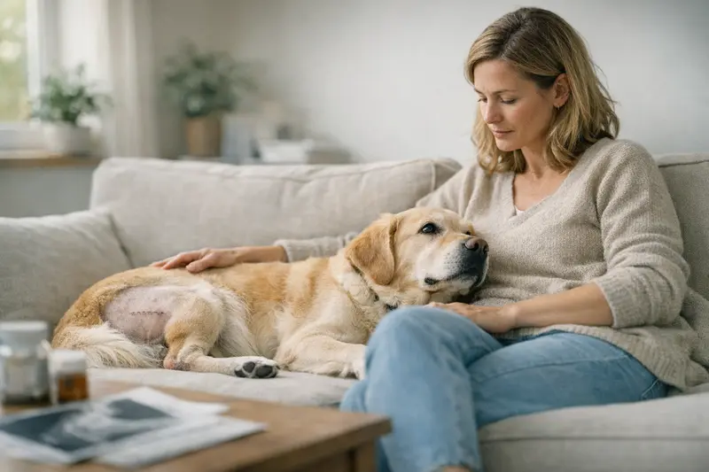 Hund beim Tierarzt Ein glücklicher Hund mit einem Tierarzt nach einer Untersuchung, die Fragen zu Wartezeiten und Vorerkrankungen klärt.