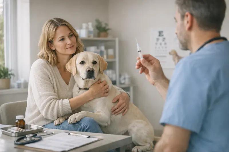 Ein Hund beim Tierarzt für eine Vorsorgeuntersuchung, die Impfungen und Check-ups umfasst.