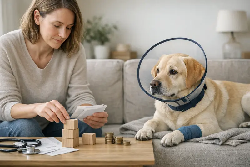 Hundehalter mit Hund beim Tierarzt, um die Selbstbeteiligung bei OP-Kosten zu besprechen