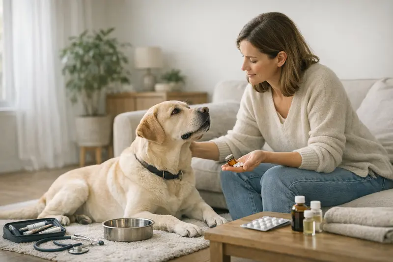 Vorsorgeuntersuchung bei Hunden Ein gesunder Hund und sein Besitzer beim Tierarzt zur Vorsorgeuntersuchung.