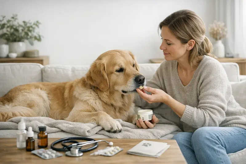 Vorsorgeuntersuchung bei Hunden Ein glücklicher Hund beim Tierarzt, der eine Vorsorgeuntersuchung erhält.