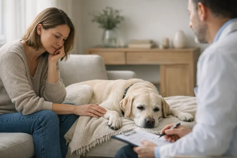 Ein Hund, der beim Tierarzt untersucht wird, um seine Vorerkrankungen zu klären.