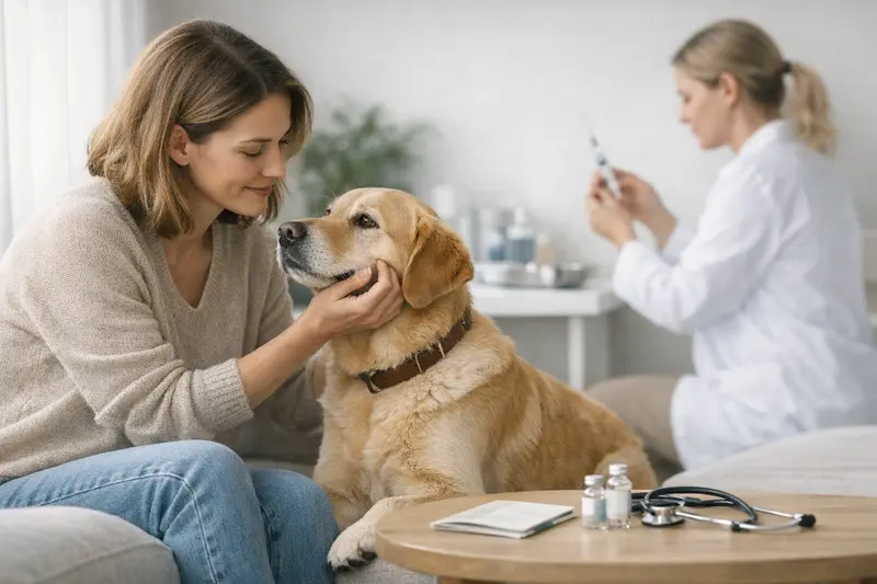 Hundeversicherung Impfungen und Vorsorge Hundehalterin spricht mit Tierarzt über Impfungen und Vorsorge