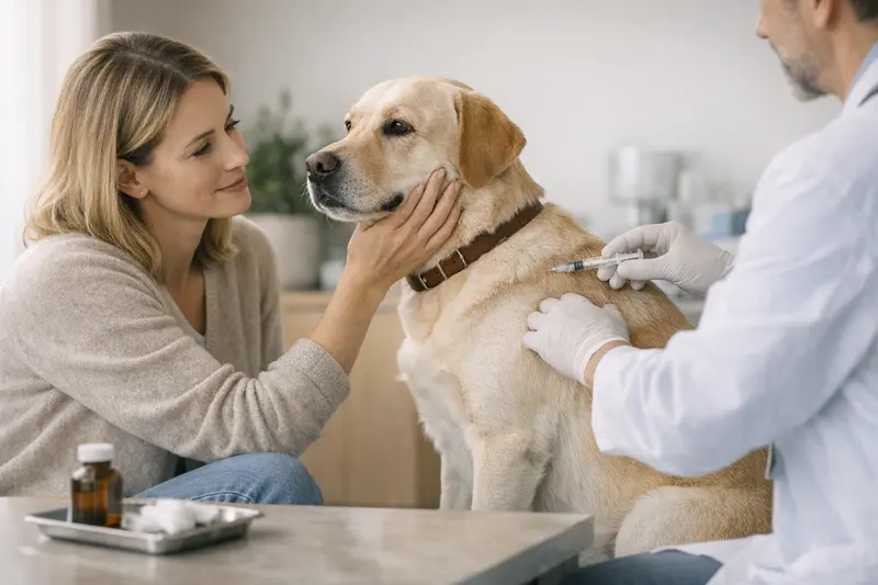Hund wird von Tierarzt während einer Vorsorgeuntersuchung geimpft.