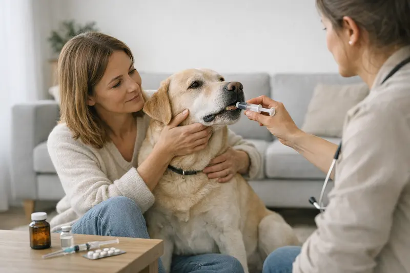 Hundeversicherung und Vorsorge - Impfung beim Tierarzt Ein gesundem Hund bei einer Tierarztuntersuchung, der eine Impfung erhält.