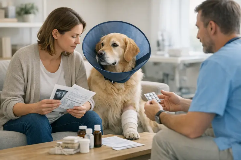 Eine Hundebesitzerin diskutiert die Vor- und Nachteile von OP-Schutz und umfassender Krankenabsicherung für ihren Hund.