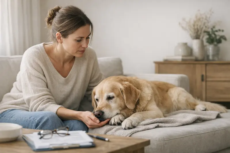 Vorerkrankungen bei Hundevericherungen Ein Hund untersucht seine Pfote, das Thema Vorerkrankungen in der Tierversicherung ist wichtig.
