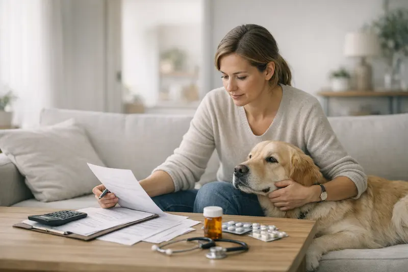 Hundeversicherung Tarifvergleich Ein Hund wird beim Tierarzt untersucht, während der Halter Informationen zur Hundeversicherung vergleicht.