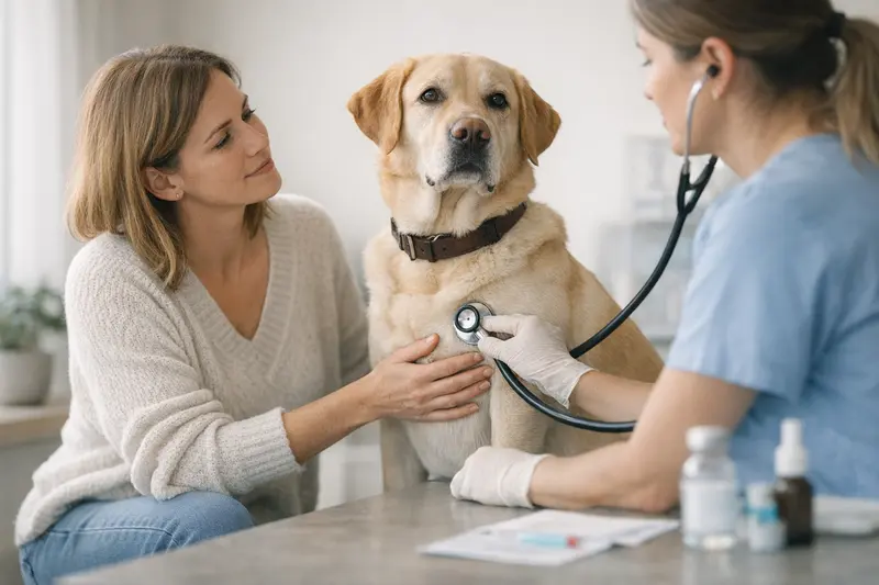 Routinechecks und Impfungen bei Hunderversicherungen Hundehalter beim Tierarzt mit ihrem Hund für Routineuntersuchung und Impfungen.