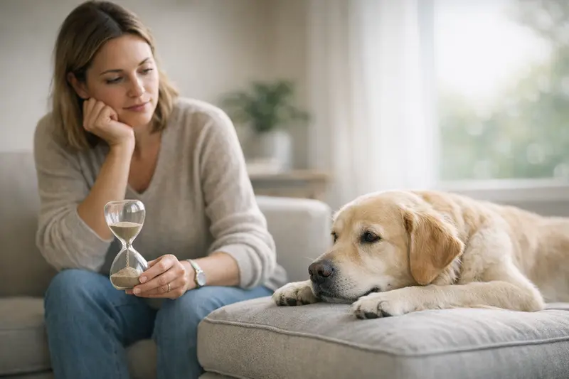 Wartezeiten bei Hundevericherungen Ein Hund wartet geduldig beim Tierarzt, während die Besitzerin Informationen zu Wartezeiten bei der Hundevericherung erhält.