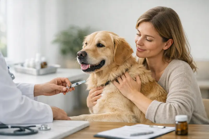 Tierarztbesuch für Hundevorsorge Ein Hund wird beim Tierarzt für Impfungen untersucht.