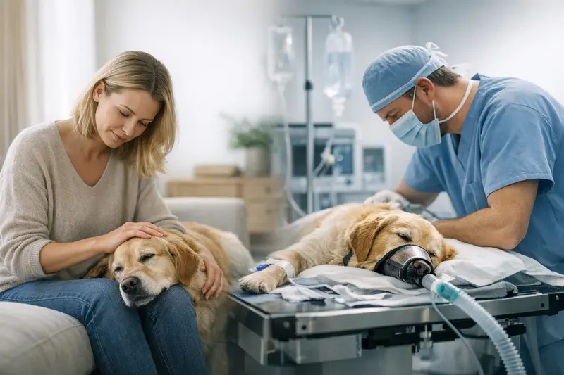 Ein Hund beim Tierarzt, der untersucht wird, um Unterschiede zwischen OP-Schutz und Krankenschutz zu erläutern