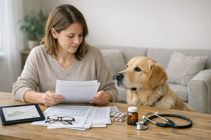 Ein Hund beim Tierarzt, der die verschiedenen Tarifdetails und Versicherungsoptionen vergleicht.
