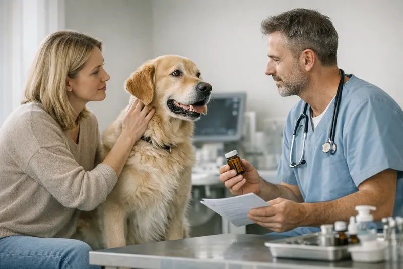 Tierarztkosten und Hundeversicherung Ein glücklicher Hund beim Tierarzt mit einem Tierarzt, der eine Untersuchung durchführt.