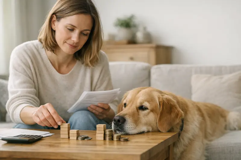 Selbstbeteiligung bei der Hundeversicherung Hund mit Besitzer, der über die Auswirkungen einer Selbstbeteiligung bei der Hundeversicherung nachdenkt.