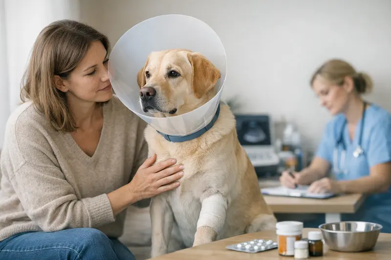 Tierarztuntersuchung Hund OP-Versicherung Ein Hund wird während einer Untersuchung beim Tierarzt betreut, was die Relevanz von OP-Versicherungen unterstreicht.