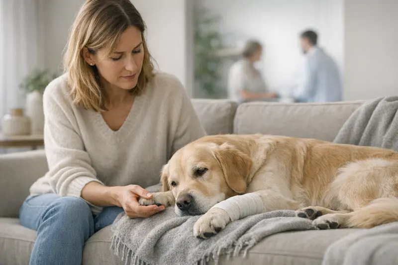 Ein Hundebesitzer bespricht mit einem Tierarzt die Wartezeiten seiner Hundeversicherung.