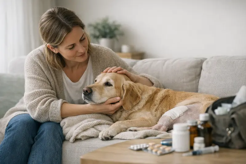 Tierarztbesuch nach Operation Ein Hund wird nach einer Operation von einem Tierarzt betreut und erhält Medikamente.