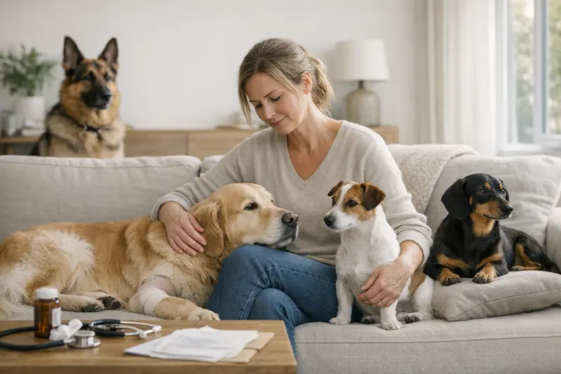Hunde bei Tierarztuntersuchung im Mehrhundehaushalt Zwei Hunde bei einem Tierarzt, der eine Untersuchung durchführt, um gesundheitliche Risiken im Mehrhundehaushalt zu besprechen.