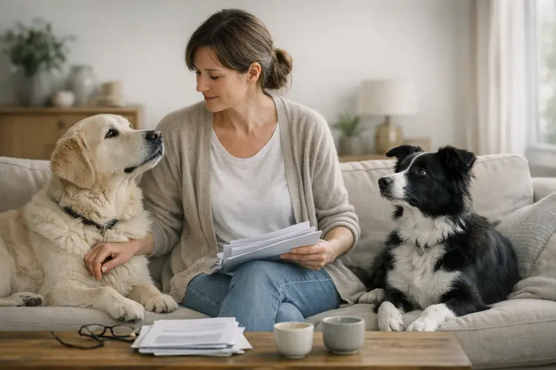 Hundeversicherung für Mehrhundehaushalte Zwei verschiedene Hunde liegen entspannt auf einer Wiese, während ihre Halter über die optimale Versicherung diskutieren.