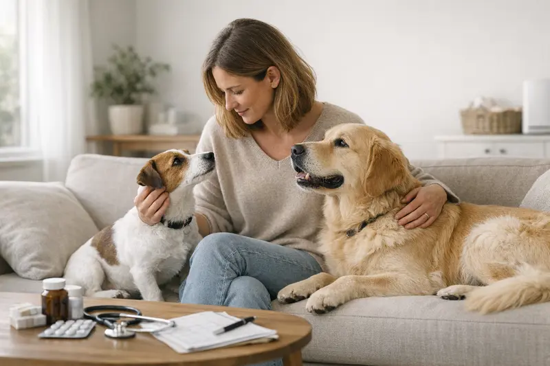 Vorsorge für zwei Hunde Zwei gesunde Hunde beim Tierarzt für eine Vorsorgeuntersuchung