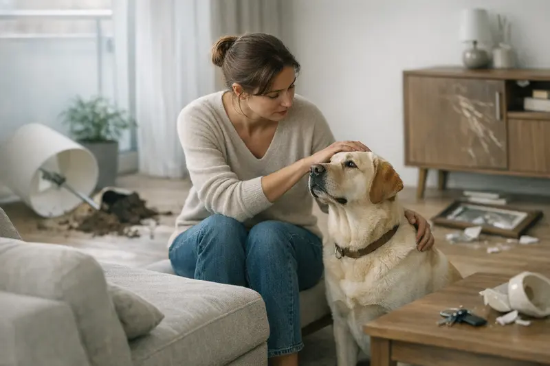 Hundehaftpflicht und Mietwohnungen Mieter mit Hund in der Mietwohnung, der sich um die Hundehaftpflichtversicherung kümmert.