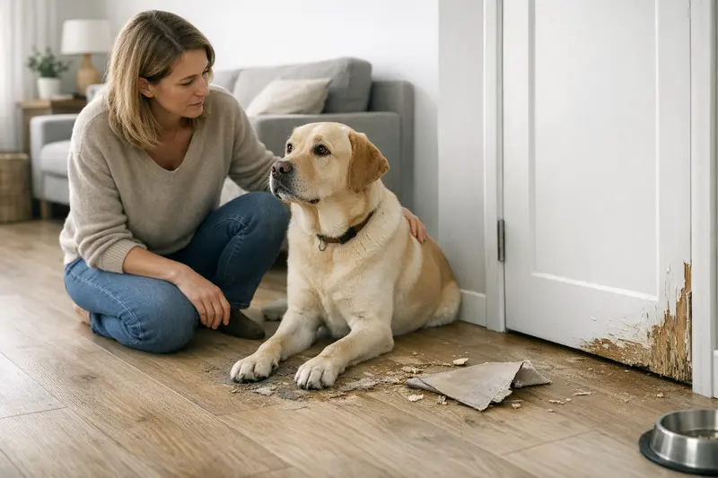 Ein Hund in einer Mietwohnung, der Schäden an Boden und Türen verursacht, während das Frauchen darüber nachdenkt, ob eine Haftpflichtversicherung diese abdeckt.