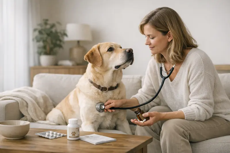 Vorsorgeleistungen der Tierkrankenversicherung für Hunde Hund beim Tierarzt, um Vorsorgeleistungen einer Tierkrankenversicherung zu besprechen.