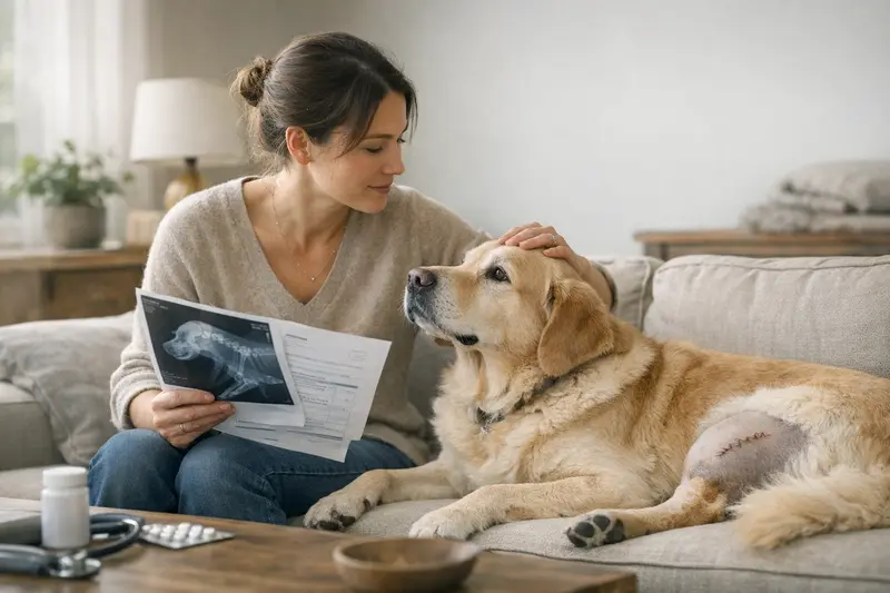 OP-Absicherung vs. Krankenabsicherung für Hunde Ein Hundebesitzer bespricht die Vor- und Nachteile von OP-Absicherung und Krankenabsicherung für seinen Hund mit einem Tierarzt.