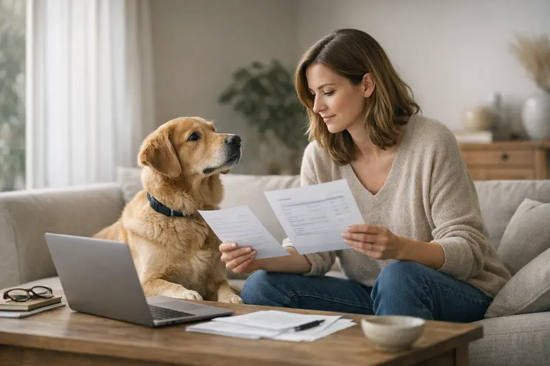 Hundehalter vergleicht verschiedene Versicherungsangebote für seinen Hund.