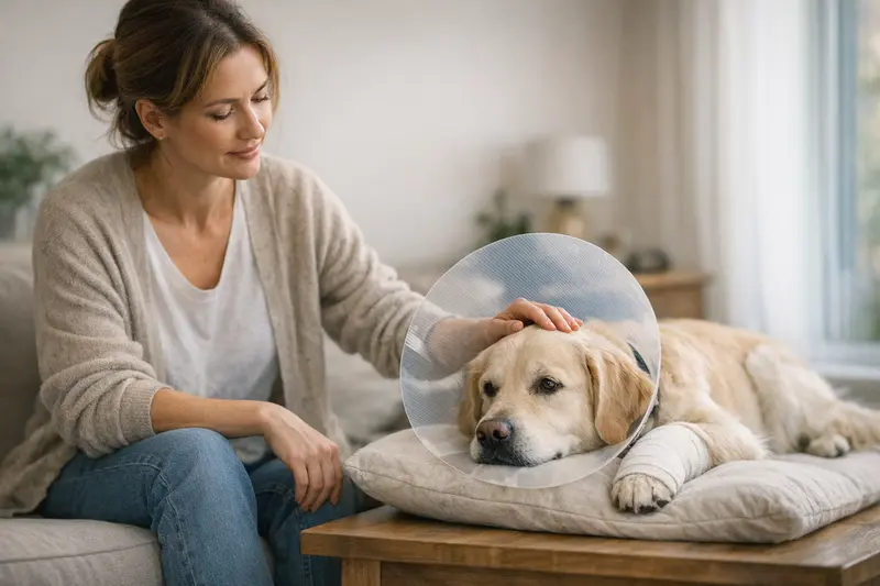 Hundekrankenversicherung Wartezeiten Hund beim Tierarzt, der die Behandlungskosten bespricht