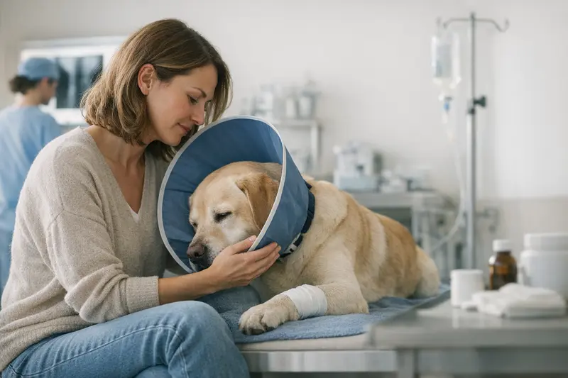 Tierarztuntersuchung vor OP Älterer Hund bei der Untersuchung durch den Tierarzt zur Vorbereitung auf eine Operation.