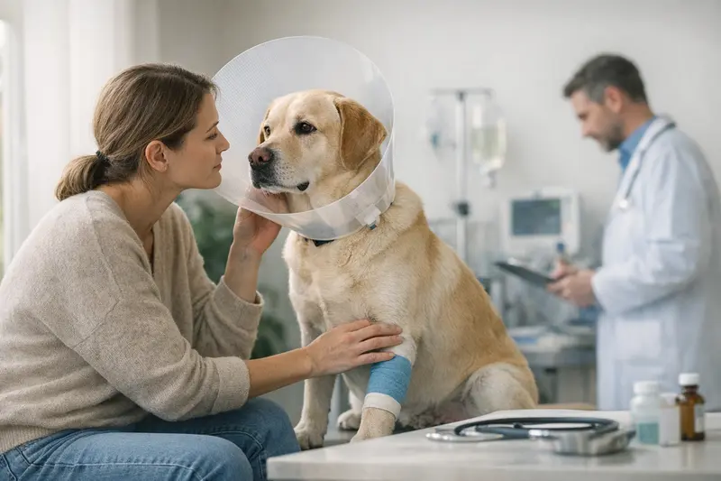 Tierarztberatung zu Hundeversicherungen Ein Tierarzt erklärt einem Hundebesitzer die Optionen für eine Hundeversicherungsrechnung nach einer Operation.