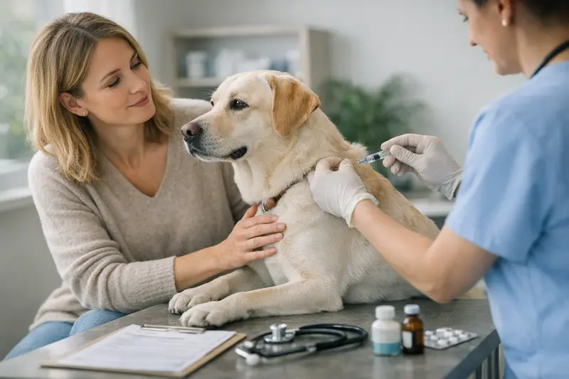 Vorsorgeuntersuchung bei einem Hund Ein Hund bei einem Tierarzt während einer Vorsorgeuntersuchung mit einem Tierarzt, der Impfungen vorbereitet.