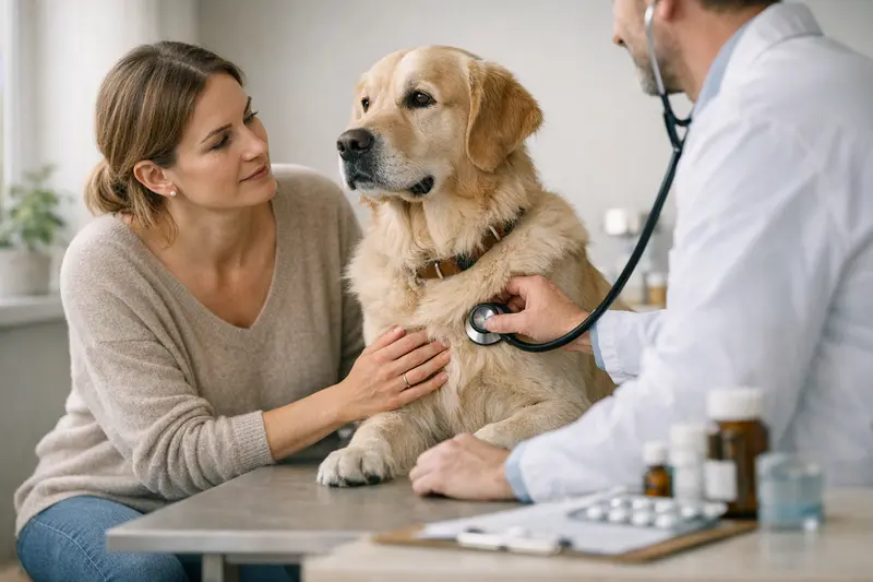 Krankenversicherung für Haustiere Hund mit Tierarzt, der eine Krankenversicherung für tierärztliche Behandlungen benötigt.