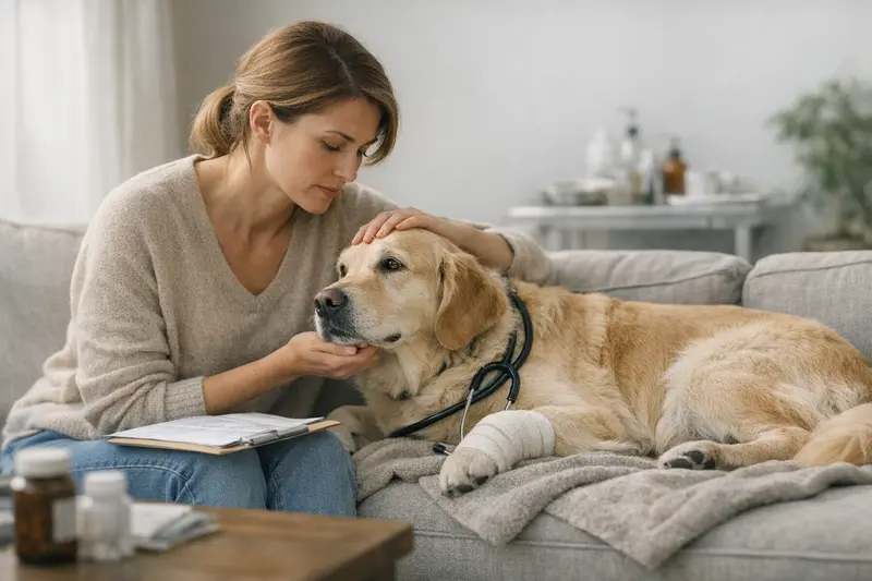 Vorerkrankungen und Versicherungsentscheidungen Hund beim Tierarzt, der Vorerkrankungen und Behandlungen bespricht.