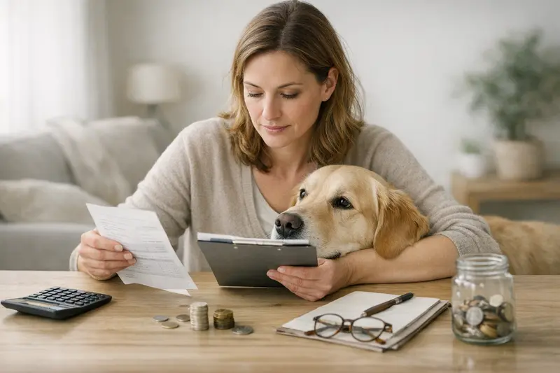 Beratung zur Tierkrankenversicherung Eine Hundebesitzerin bespricht die Selbstbeteiligung und Jahreslimits ihrer Tierkrankenversicherung mit einem Berater.