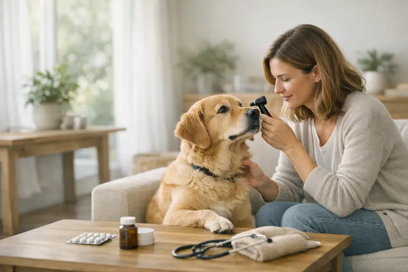 Vorsorgeuntersuchung für Hunde Tierarzt beim Untersuchen eines glücklichen Hundes zur regelmäßigen Gesundheitsvorsorge.