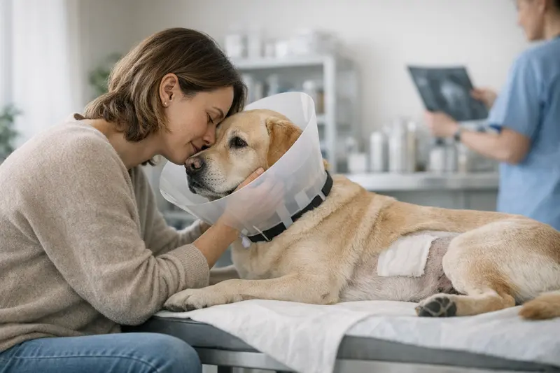 Ein Hund erhält eine tierärztliche Behandlung nach einer Operation.