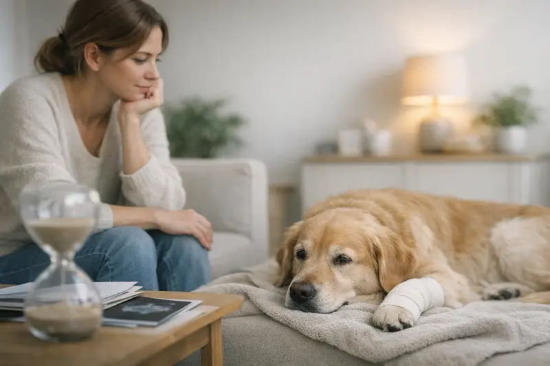 Eine besorgte Hundebesitzerin spricht mit einem Tierarzt über die Wartezeit der Hundeversicherung.