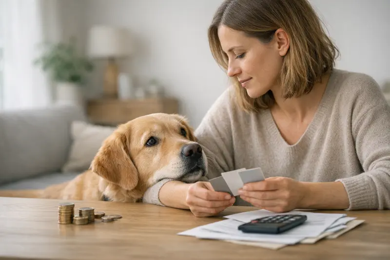Selbstbeteiligung bei Hundeversicherungen Ein Hund beim Tierarzt, der eine Rechnung für Behandlungen prüft, während der Tierhalter über Selbstbeteiligung nachdenkt.