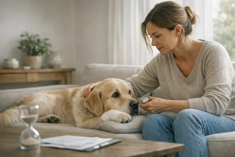 Wartezeiten in der Hundekrankenversicherung Illustration einer besorgten Hundebesitzerin bei der Tierarztbesuch, die über Wartezeiten ihrer Hundekrankenversicherung nachdenkt